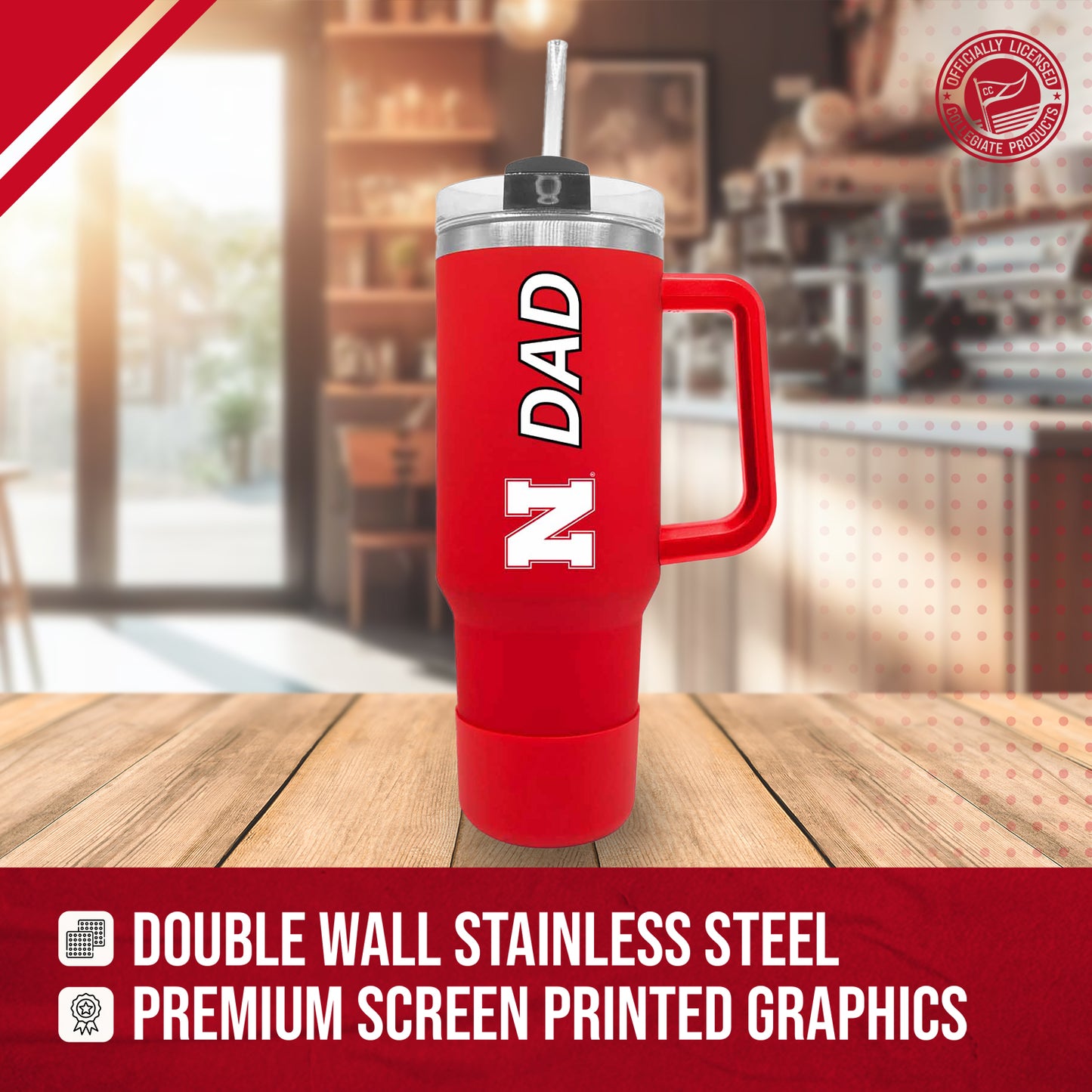Nebraska Cornhuskers Collegiate 40oz Stainless Steel Travel Tumbler with Handle for Dad - Red