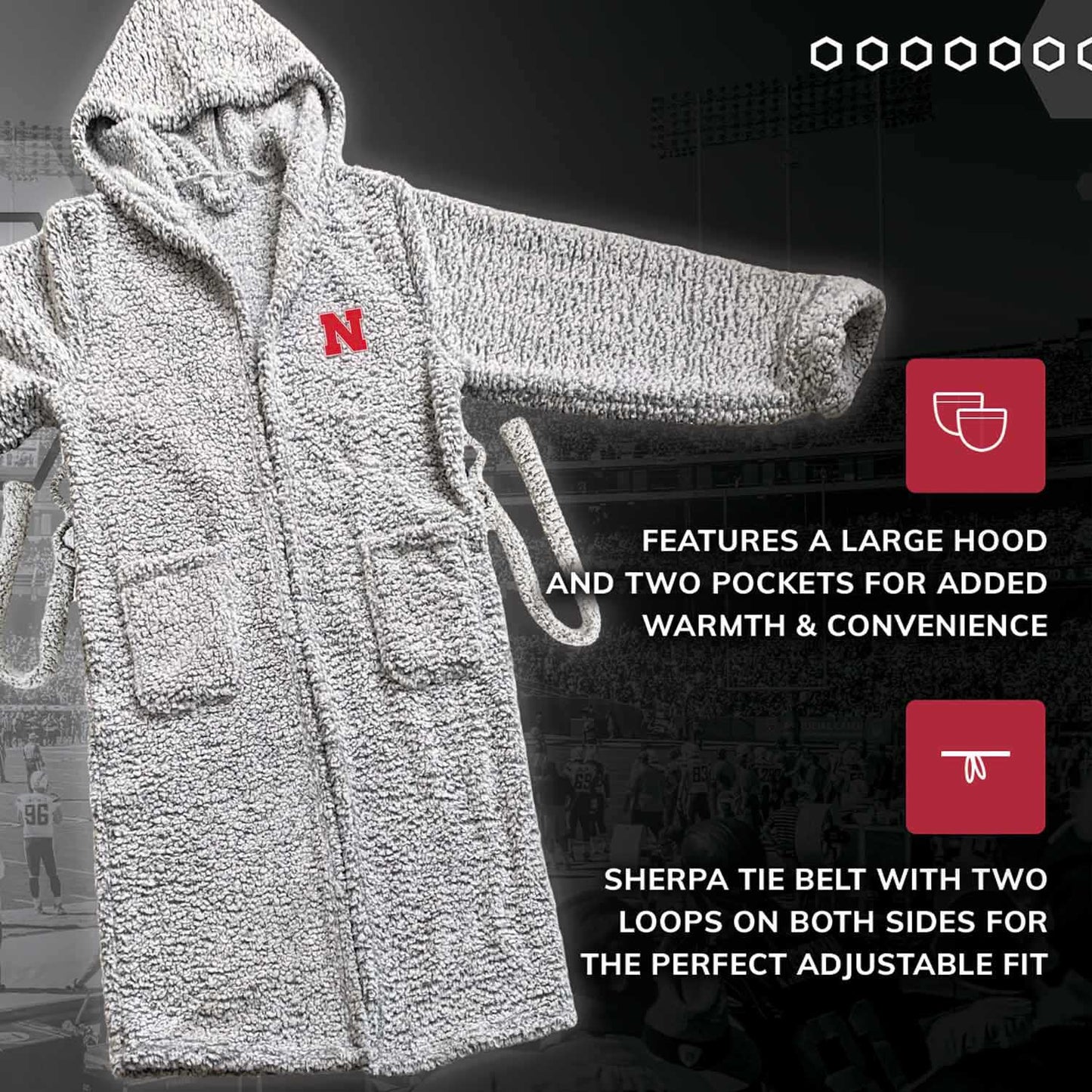 Nebraska Cornhuskers NCAA Adult Plush Hooded Robe with Pockets - Gray