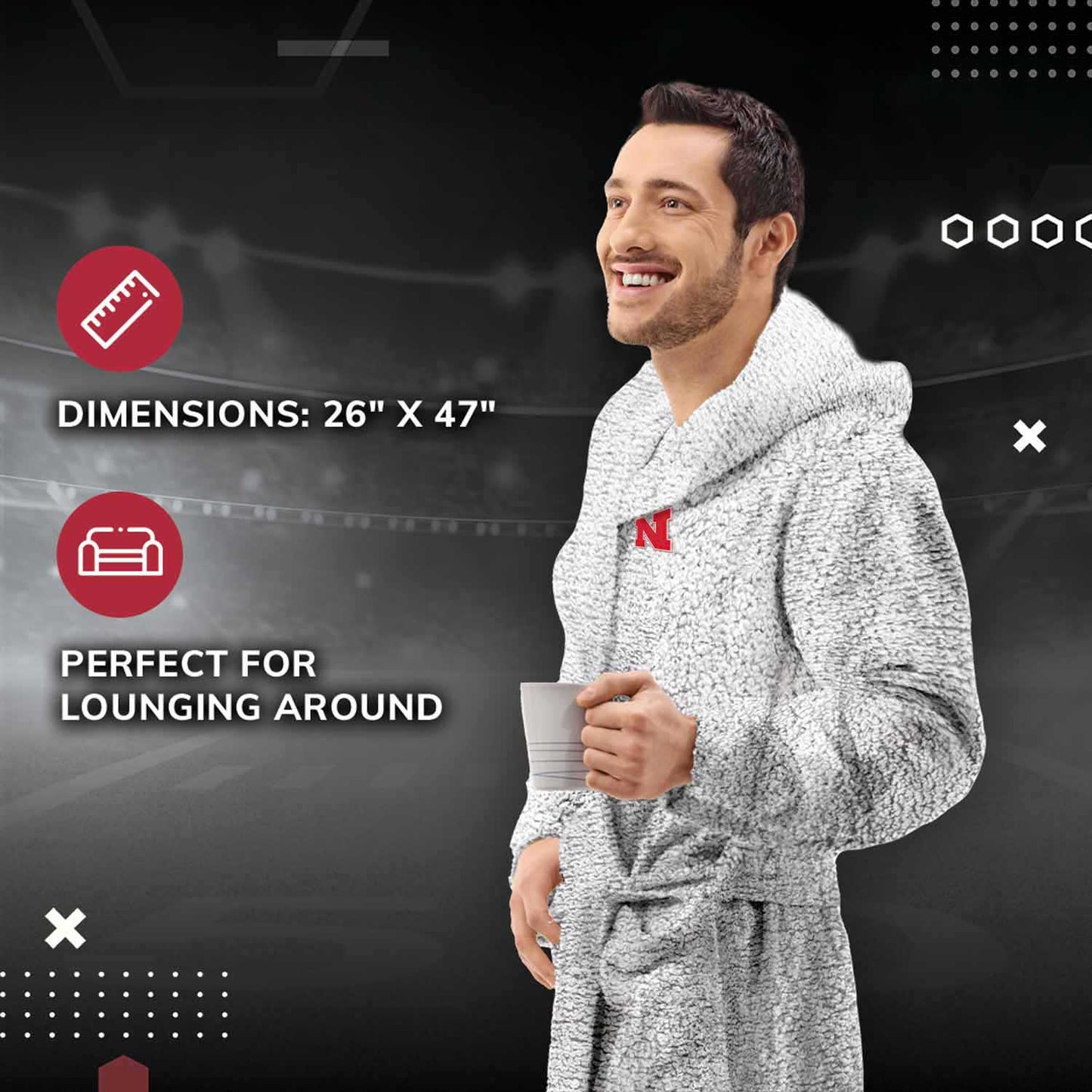 Nebraska Cornhuskers NCAA Adult Plush Hooded Robe with Pockets - Gray