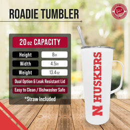 Nebraska Cornhuskers NCAA Stainless Steel 20oz Roadie With Handle & Dual Option Lid With Straw - White