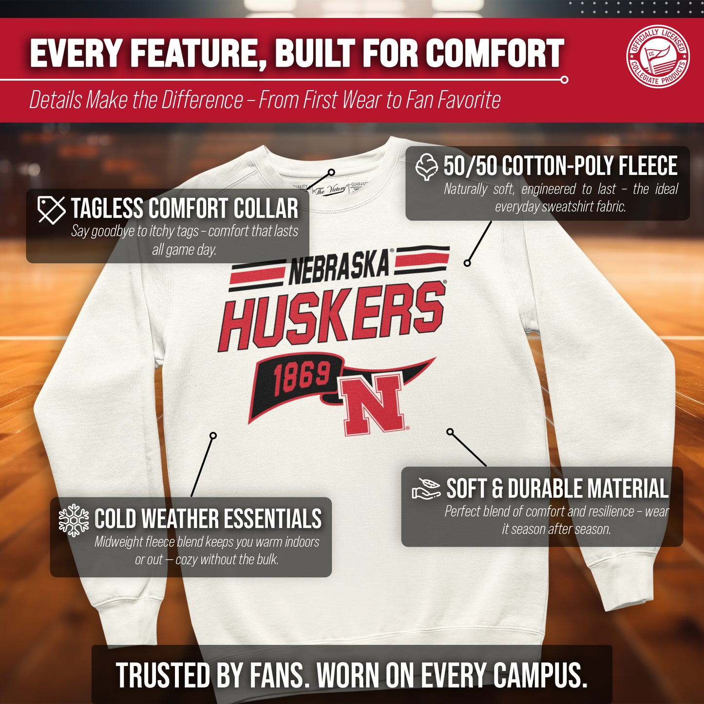 Nebraska Cornhuskers NCAA Adult Unisex Varsity Club Pennant Crewneck Fleece Sweatshirt - Off White