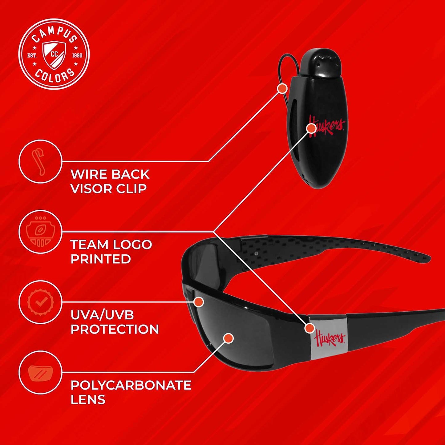 Nebraska Cornhuskers NCAA Black Chrome Sunglasses with Visor Clip Bundle - Black