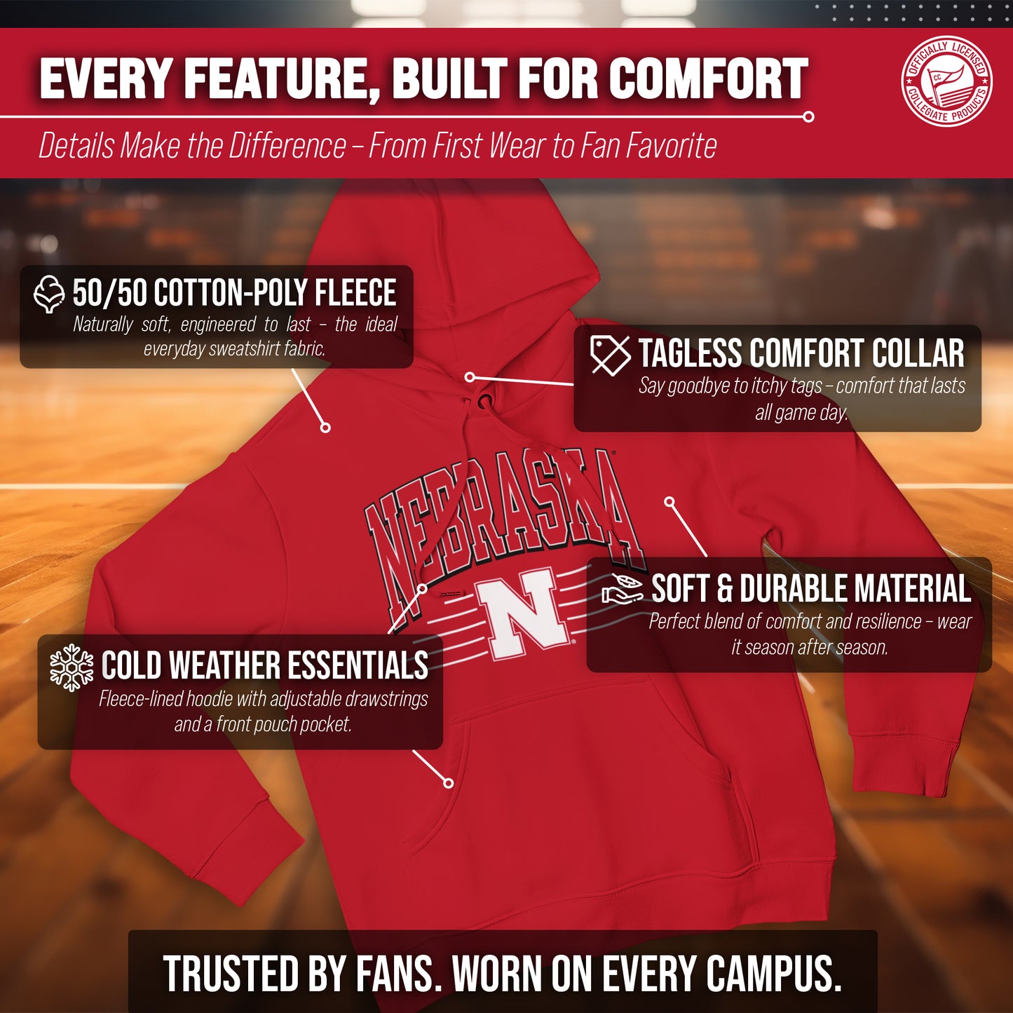 Nebraska Cornhuskers NCAA Adult Unisex Overtime Classics Hooded Fleece Sweatshirt - Red