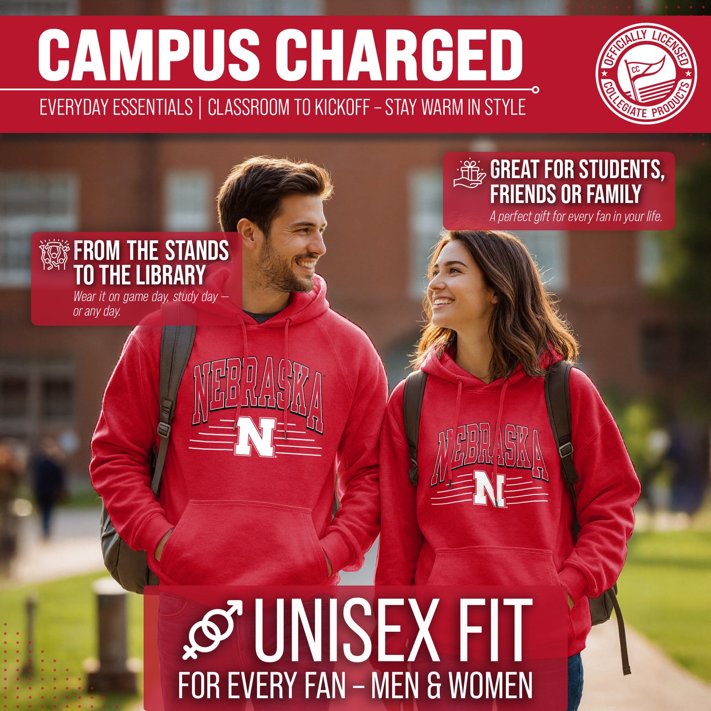 Nebraska Cornhuskers NCAA Adult Unisex Overtime Classics Hooded Fleece Sweatshirt - Red