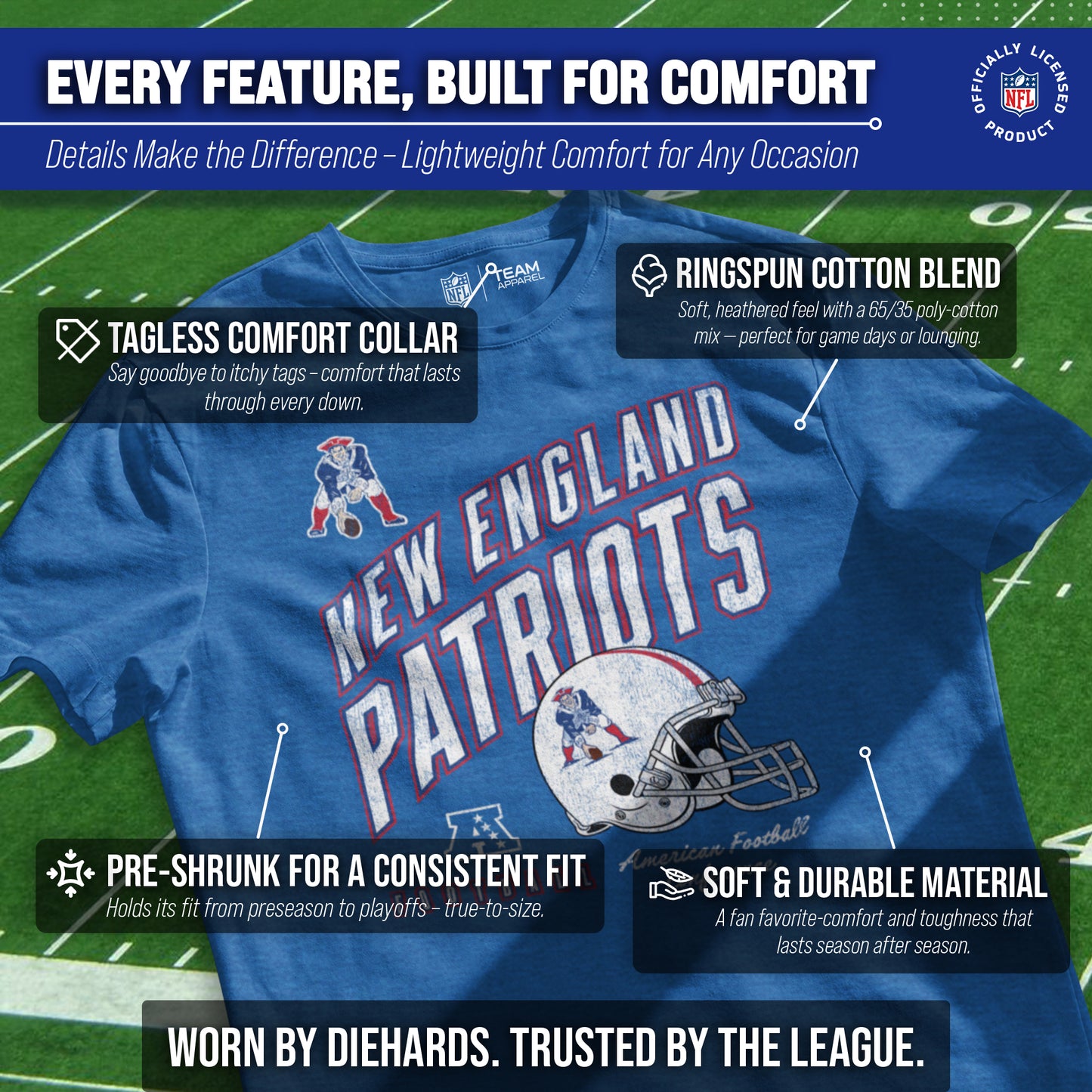 New England Patriots NFL Adult Distressed Helmet Tag-Less T-Shirt - Royal Heather