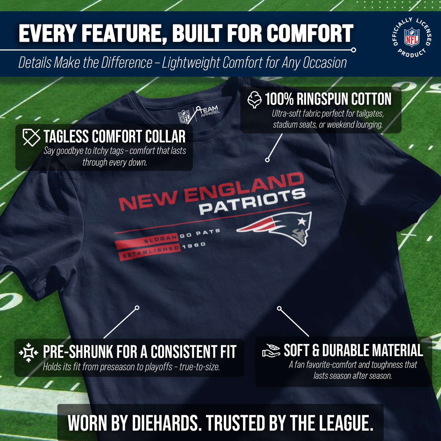 New England Patriots Adult NFL Speed Stat Sheet T-Shirt - Navy