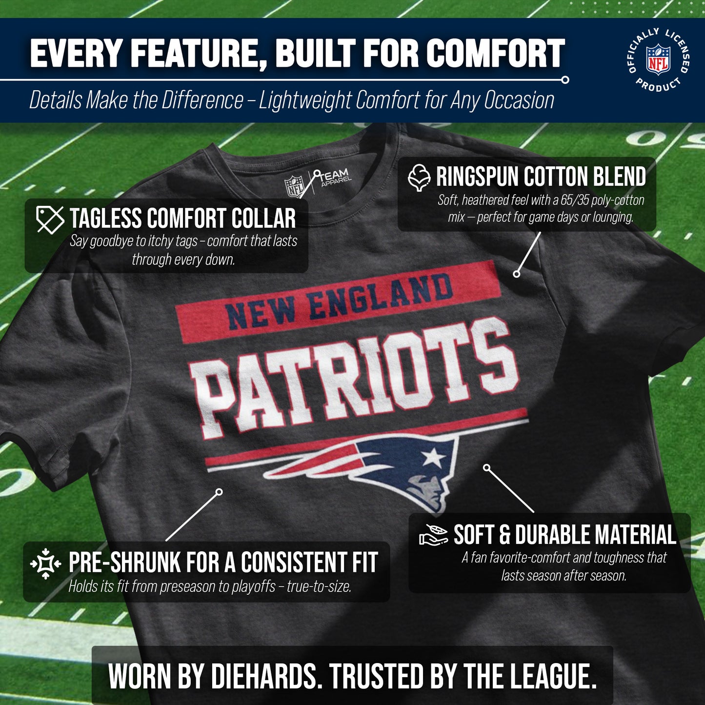 New England Patriots NFL Adult Team Block Tagless T-Shirt - Charcoal