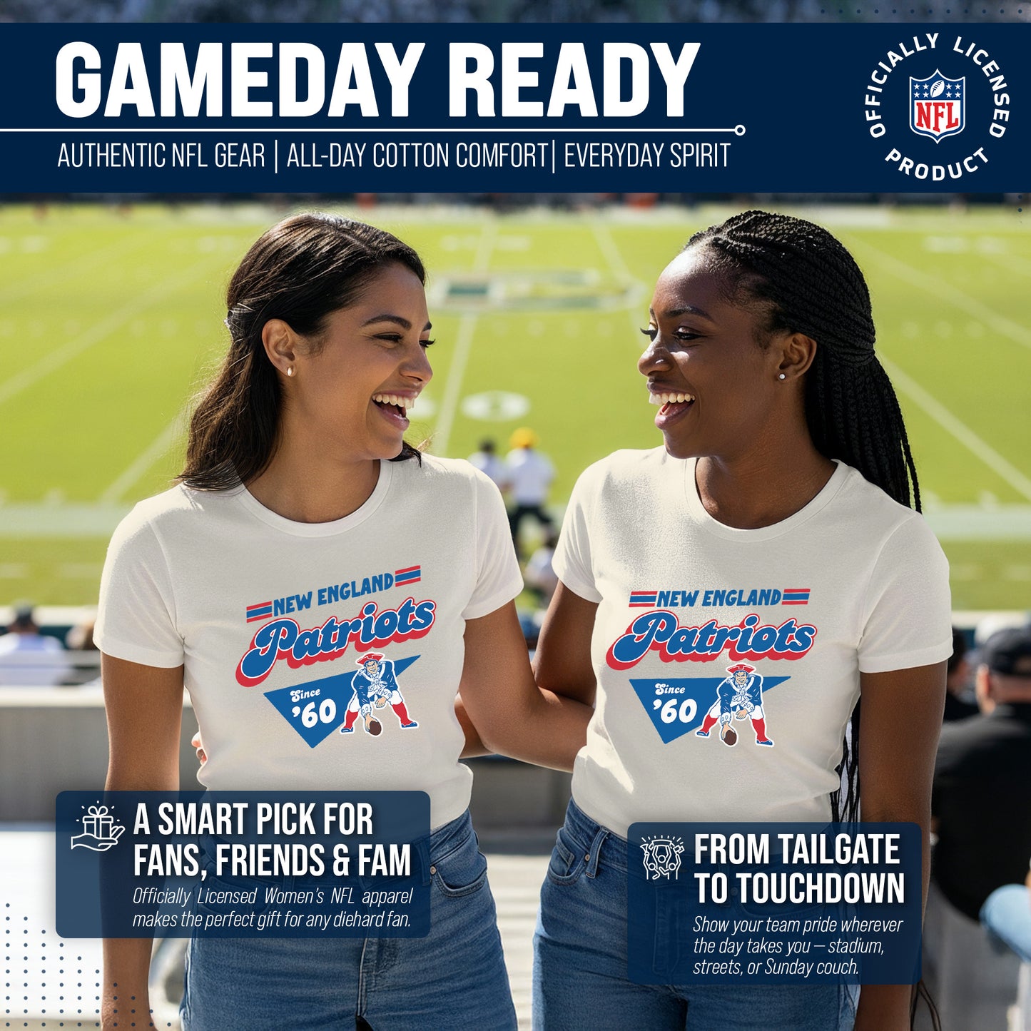 New England Patriots NFL Womens Vintage Charm Tag-Less Soft T-Shirt - Birch