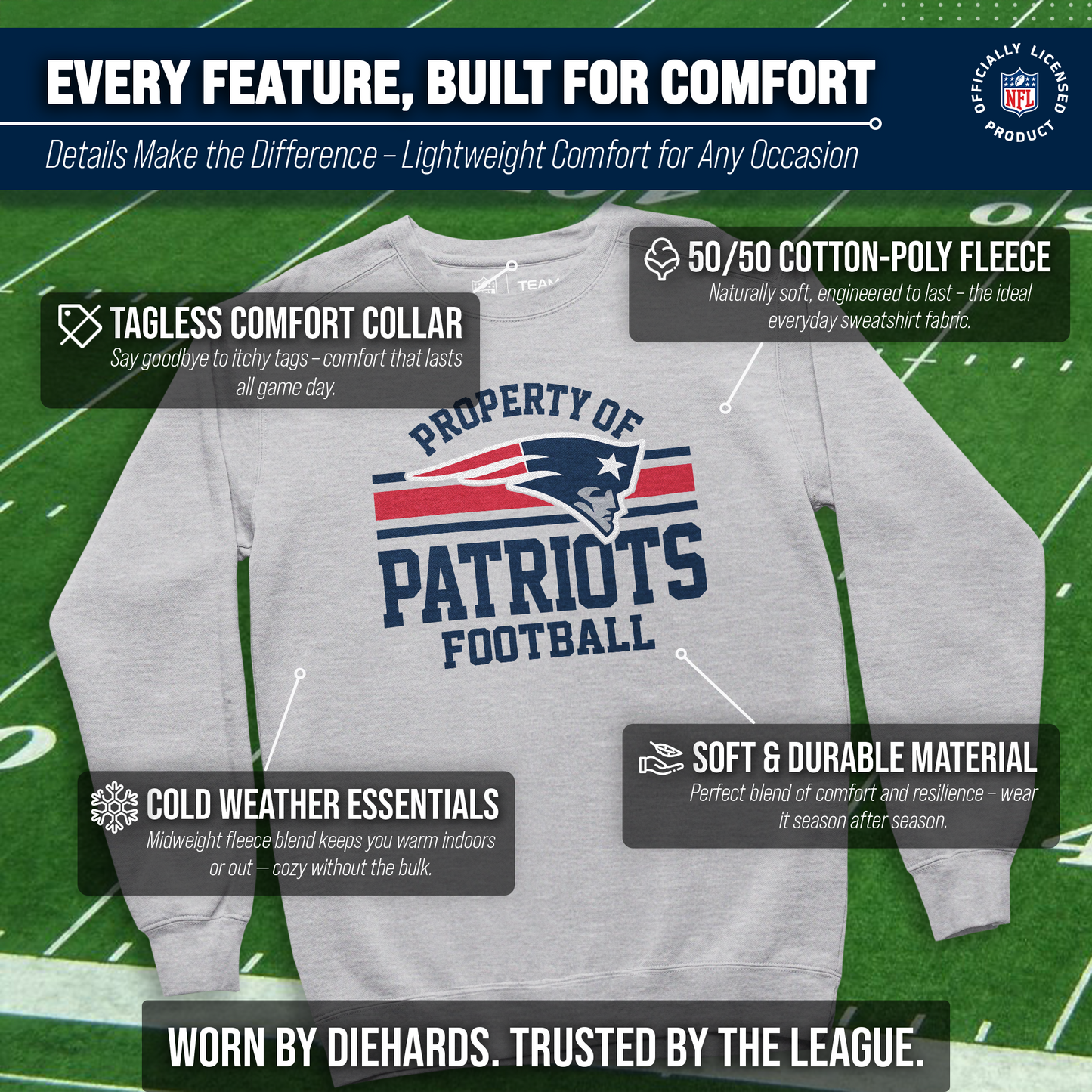 New England Patriots NFL Adult Property Of Crewneck Fleece Sweatshirt - Sport Gray