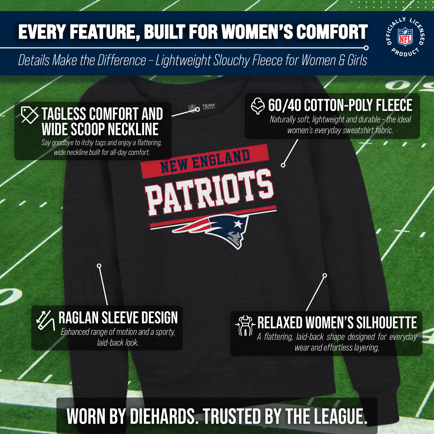 New England Patriots NFL Womens Charcoal Crew Neck Football Apparel - Charcoal