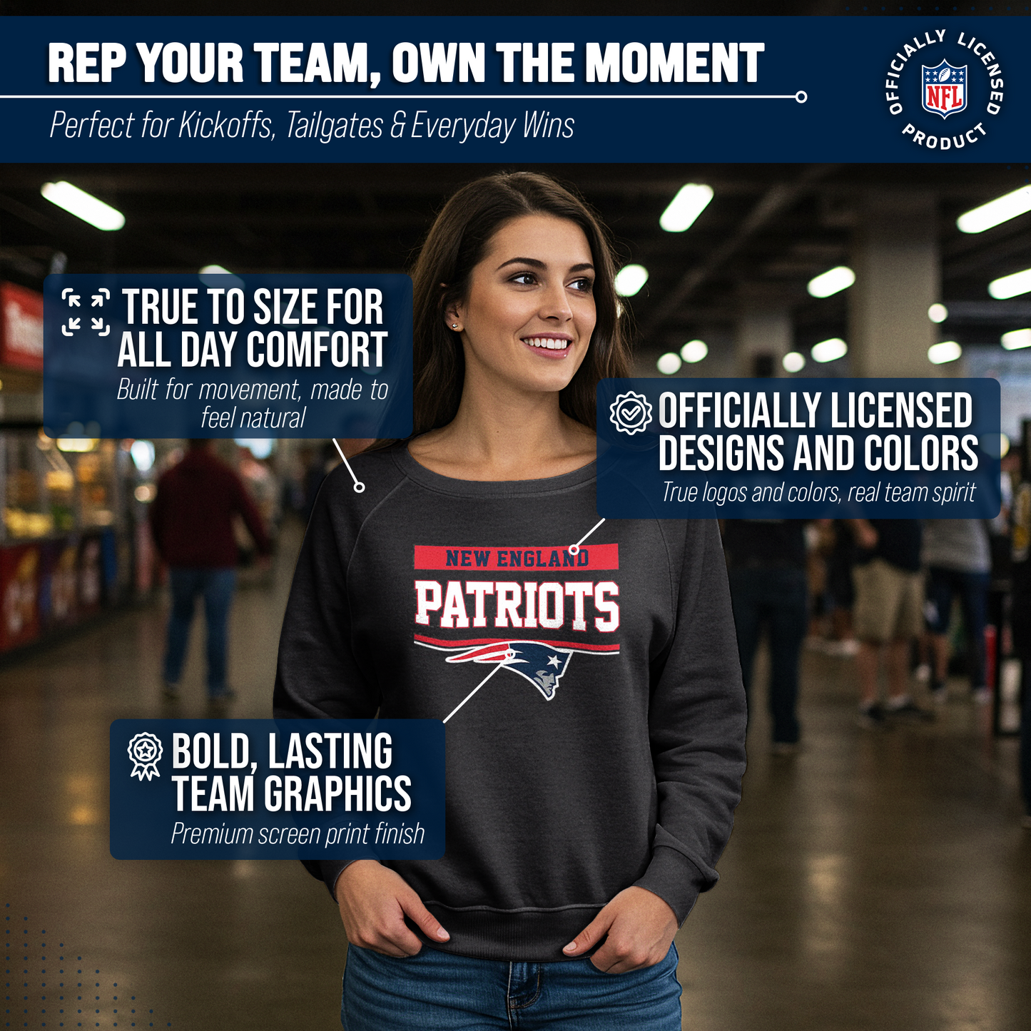 New England Patriots NFL Womens Charcoal Crew Neck Football Apparel - Charcoal