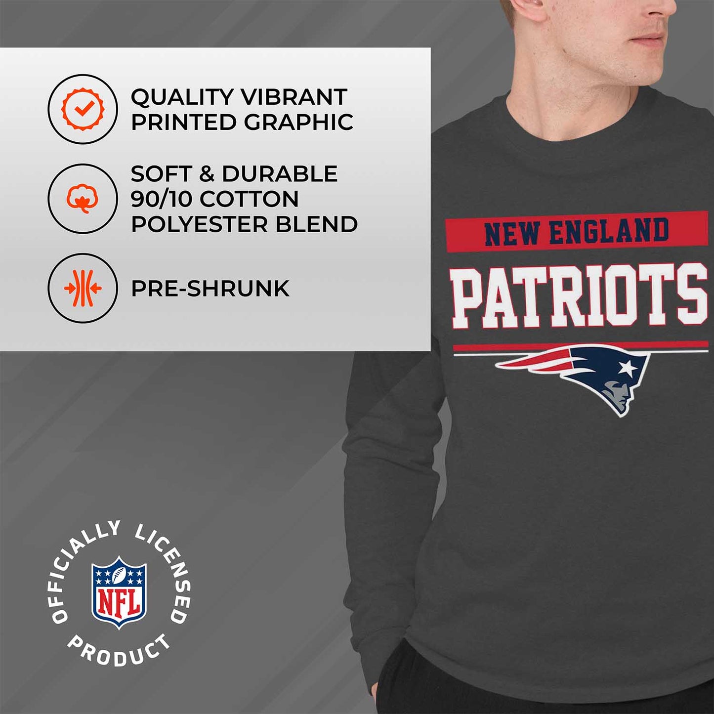 New England Patriots NFL Adult Charcoal Long Sleeve T Shirt - Charcoal