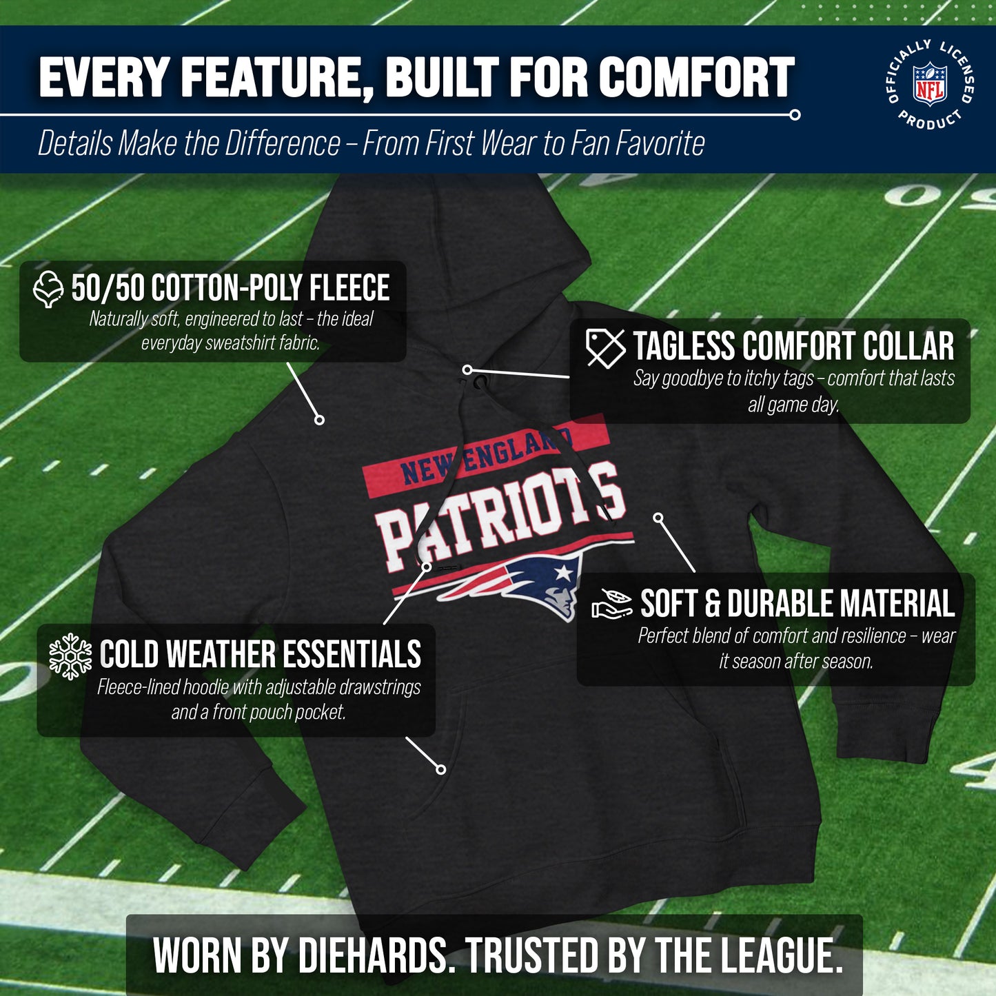 New England Patriots NFL Adult Gameday Charcoal Hooded Sweatshirt - Charcoal