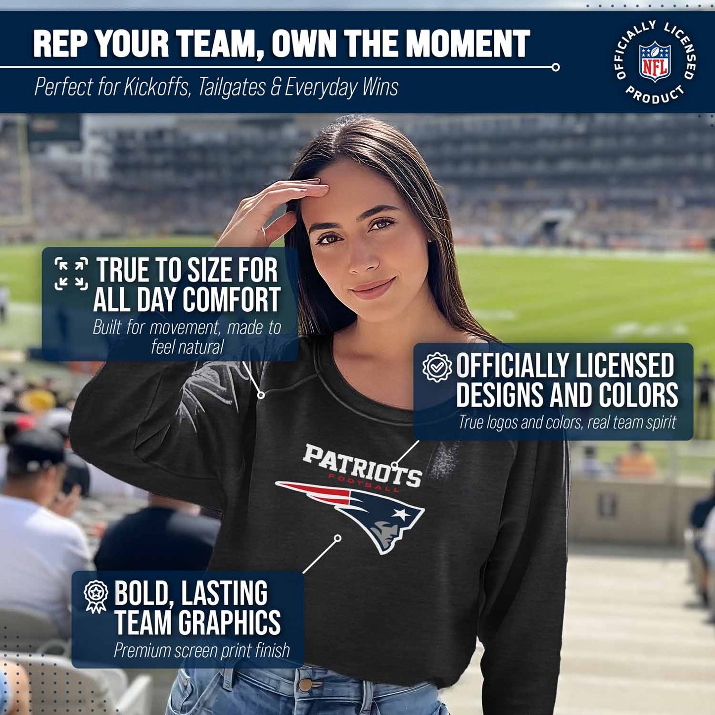 New England Patriots Women's NFL Ultimate Fan Logo Slouchy Crewneck -Tagless Fleece Lightweight Pullover - Charcoal