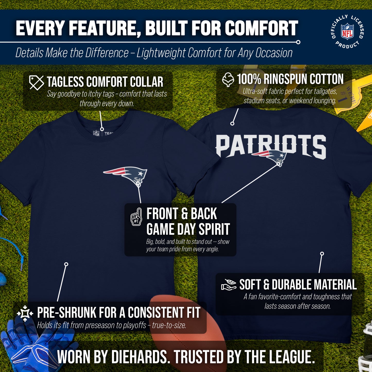 New England Patriots NFL Pro Football Final Countdown Adult Cotton-Poly Short Sleeved T-Shirt For Men & Women - Navy