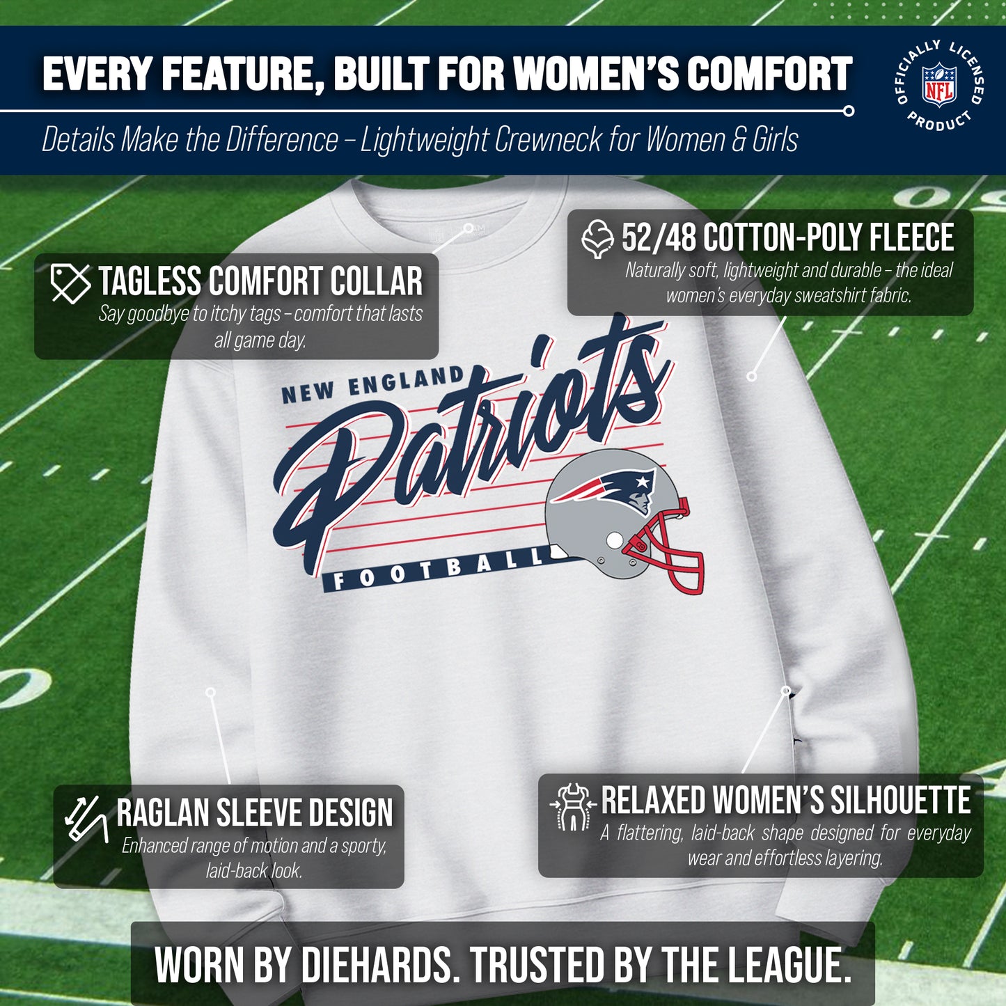 New England Patriots Womens NFL Scrimmage Line Crewneck Pullover - Gray Heather