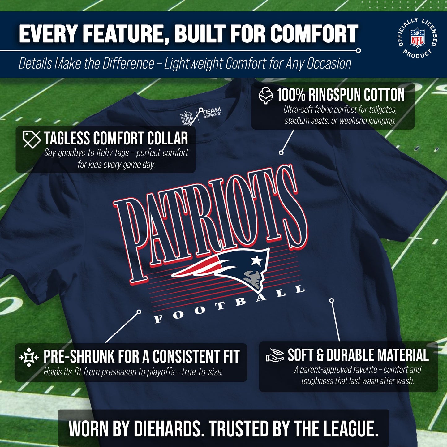 New England Patriots NFL Youth Overtime Blueprint Football T-Shirt Unisex Tag Free Comfortable - Navy