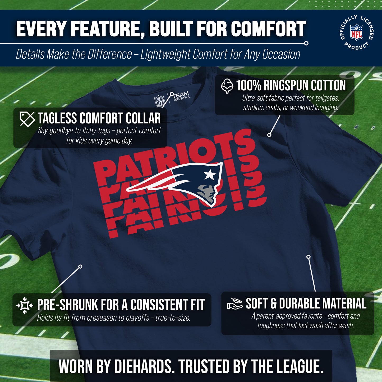 New England Patriots NFL Youth Repeating Logo Football T-Shirt Unisex Tag Free Comfortable - Navy