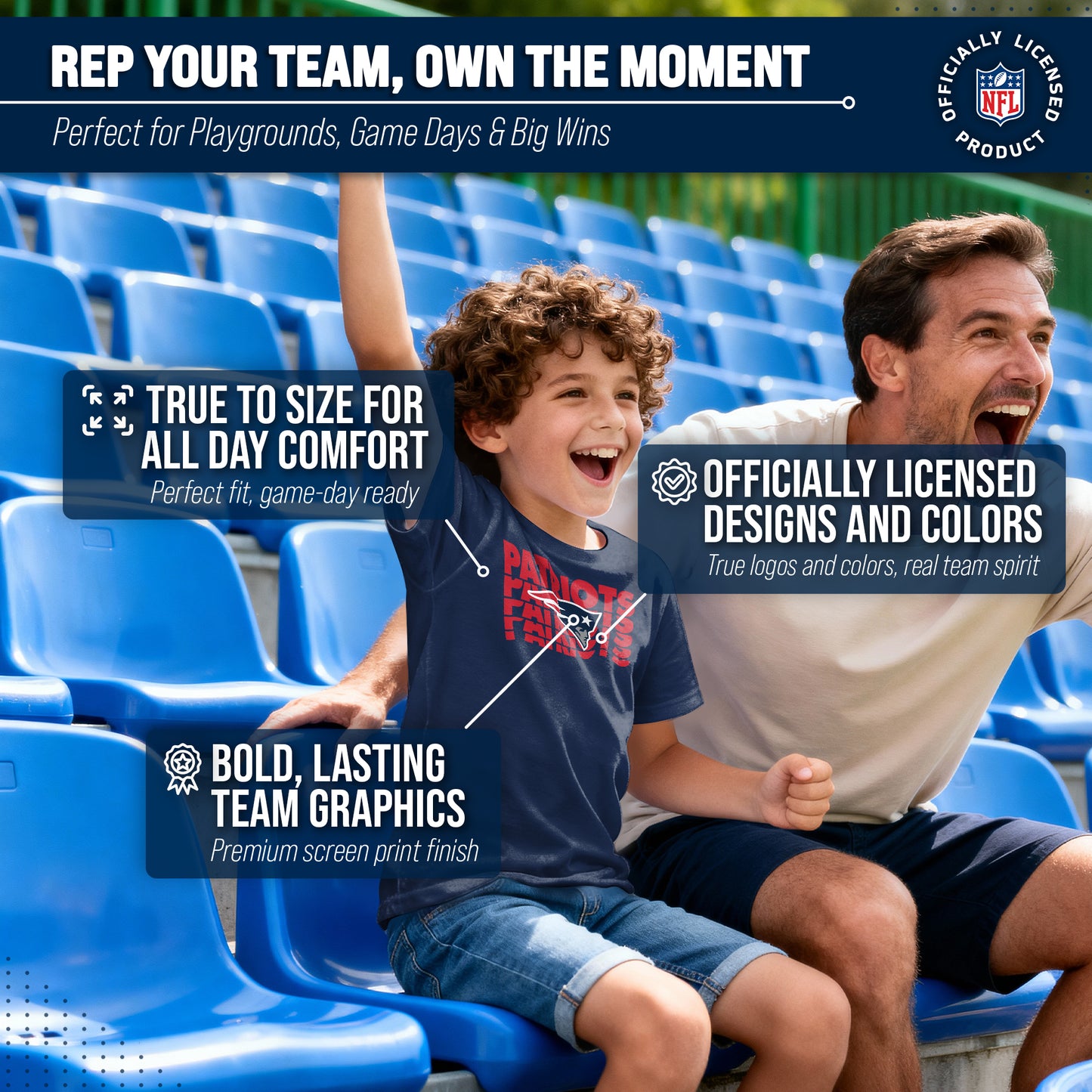 New England Patriots NFL Youth Repeating Logo Football T-Shirt Unisex Tag Free Comfortable - Navy