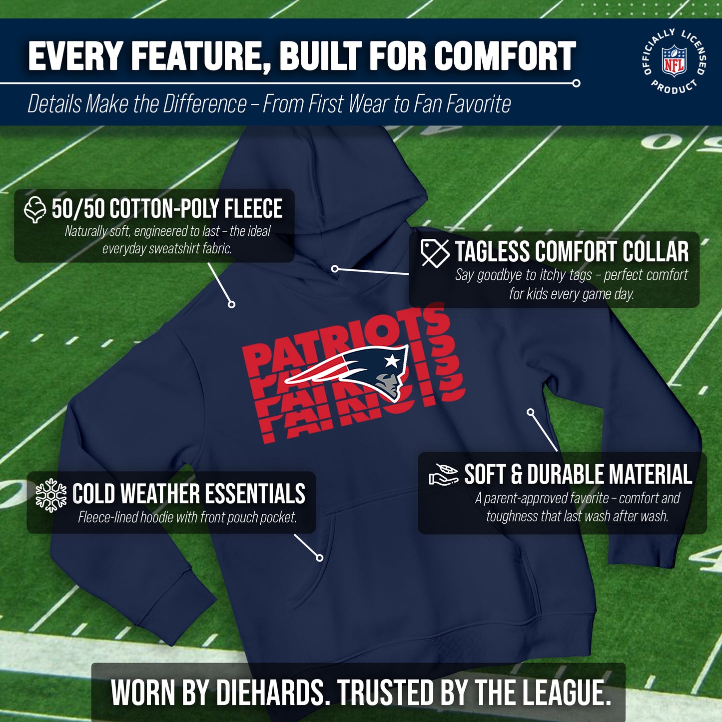 New England Patriots NFL Youth Repeating Logo Football Fleece Hooded Sweatshirt - Navy