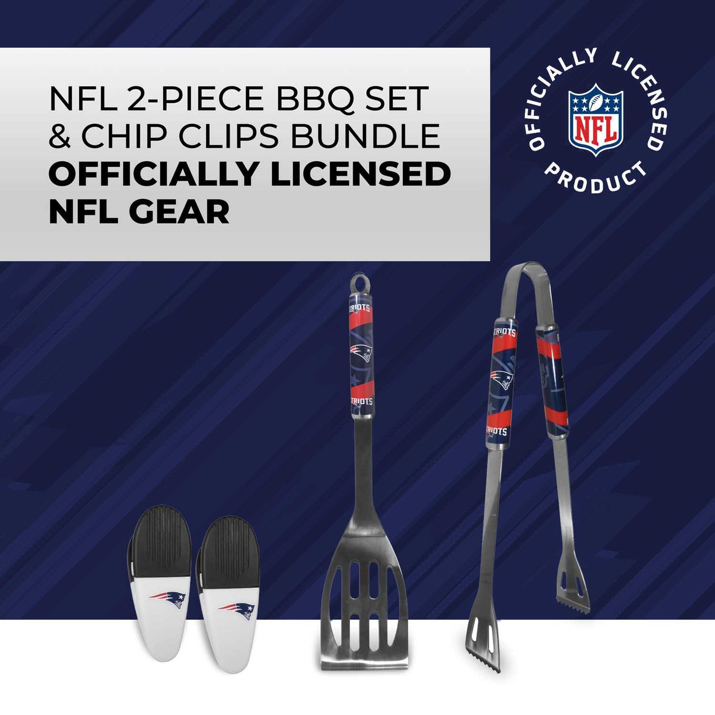 New England Patriots NFL Two Piece Grilling Tools Set with 2 Magnet Chip Clips - Chrome