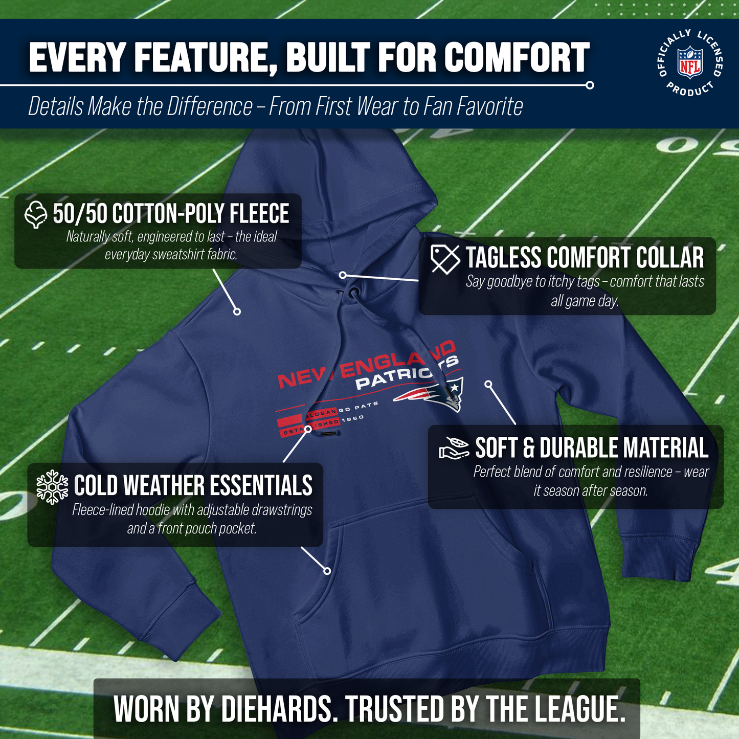 New England Patriots Adult NFL Speed Stat Sheet Fleece Hooded Sweatshirt - Navy