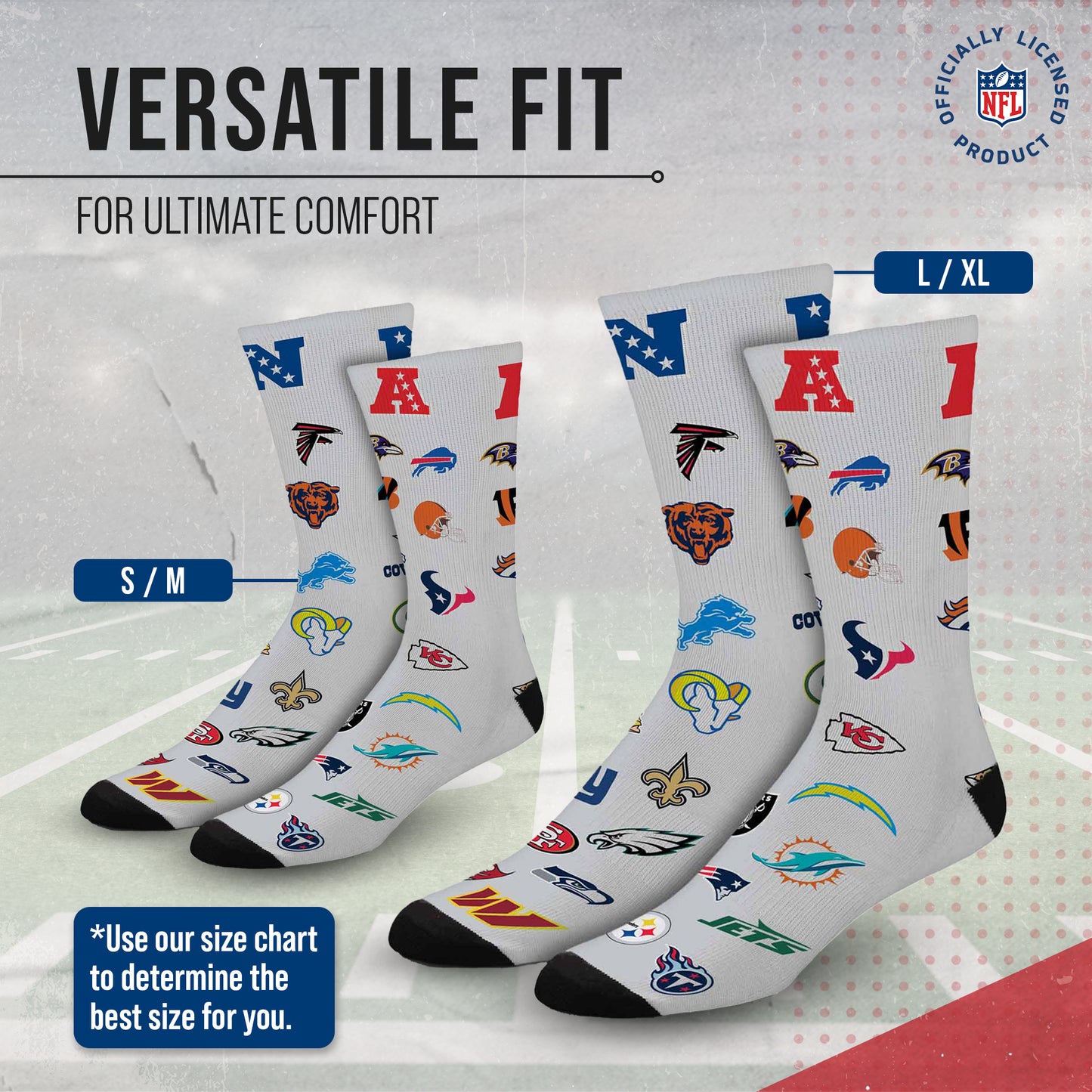 NFL Adult  Ultimate Fan All Over Logo Crew Socks - Gray