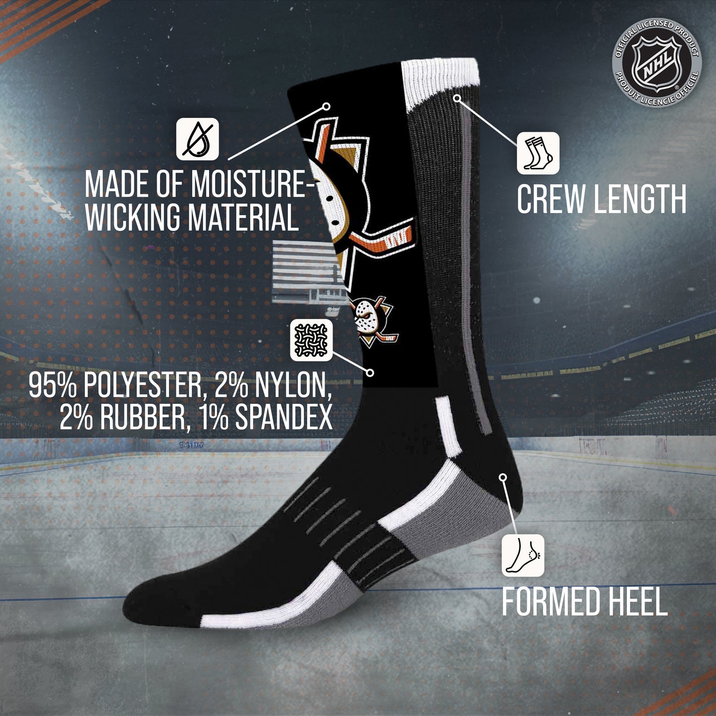 Anaheim Ducks Youth NHL Zoom Curve Team Crew Socks - Black