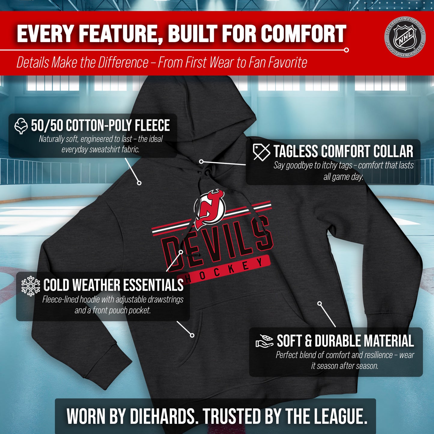 New Jersey Devils NHL Adult Heather Charcoal True Fan Hooded Sweatshirt Unisex - Charcoal