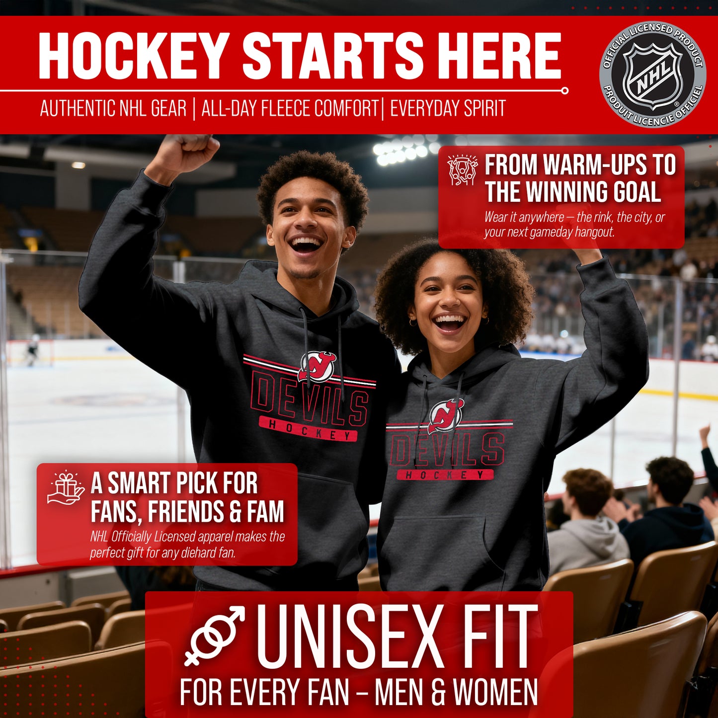 New Jersey Devils NHL Adult Heather Charcoal True Fan Hooded Sweatshirt Unisex - Charcoal