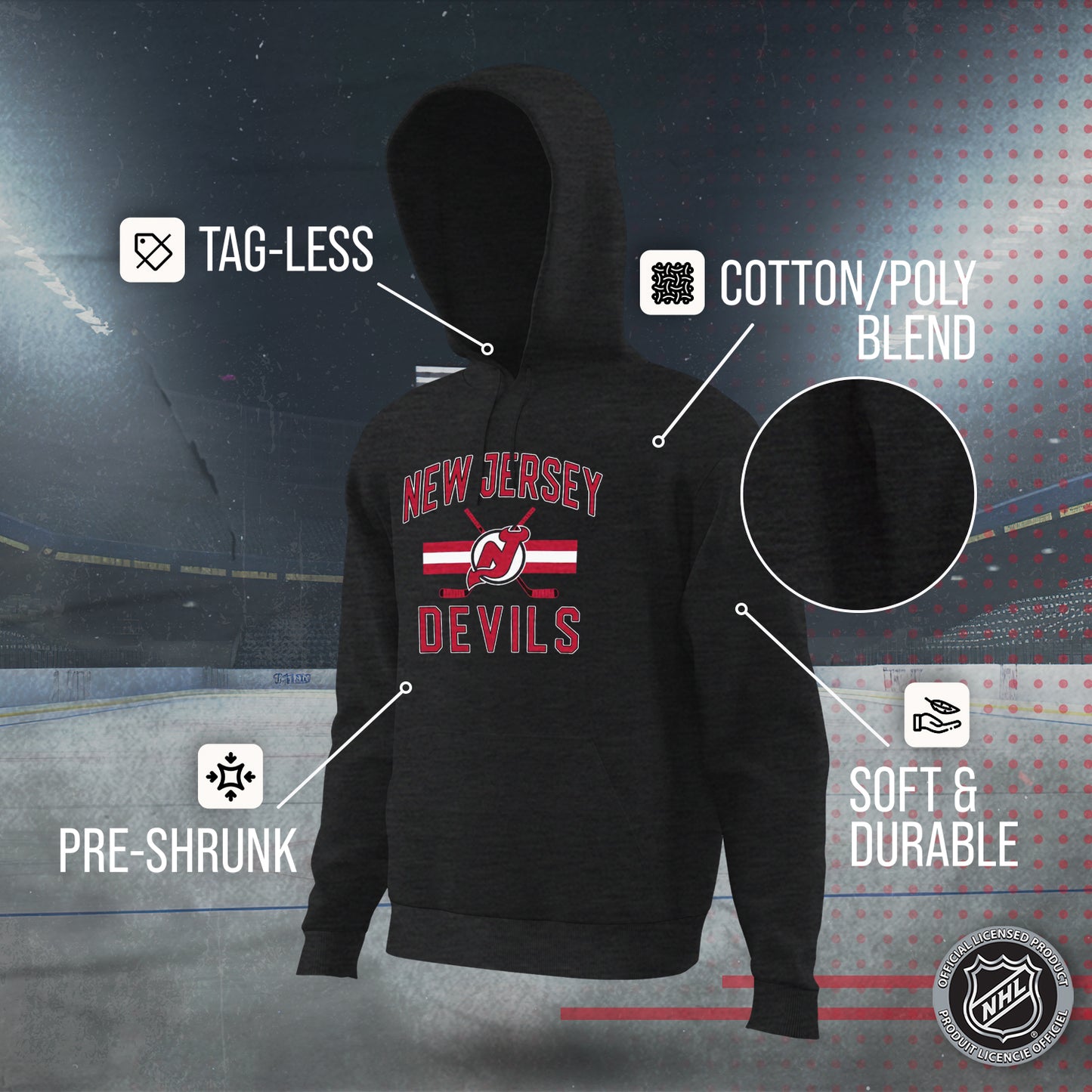 New Jersey Devils Adult NHL Faceoff Hockey Fleece Hooded Sweatshirt- Jersey Stripe - Black