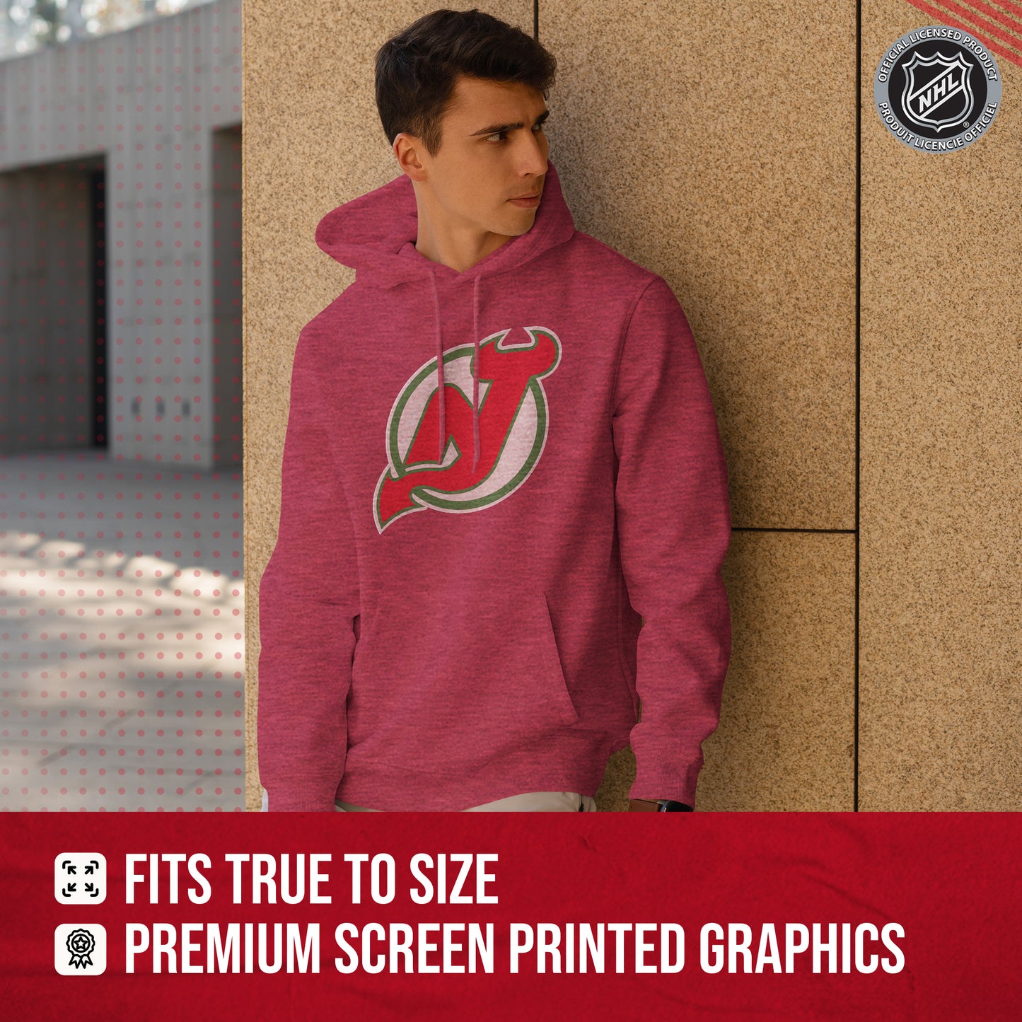 New Jersey Devils Adult NHL Retro Logo Hockey Fleece Hooded Sweatshirt - Red Heather