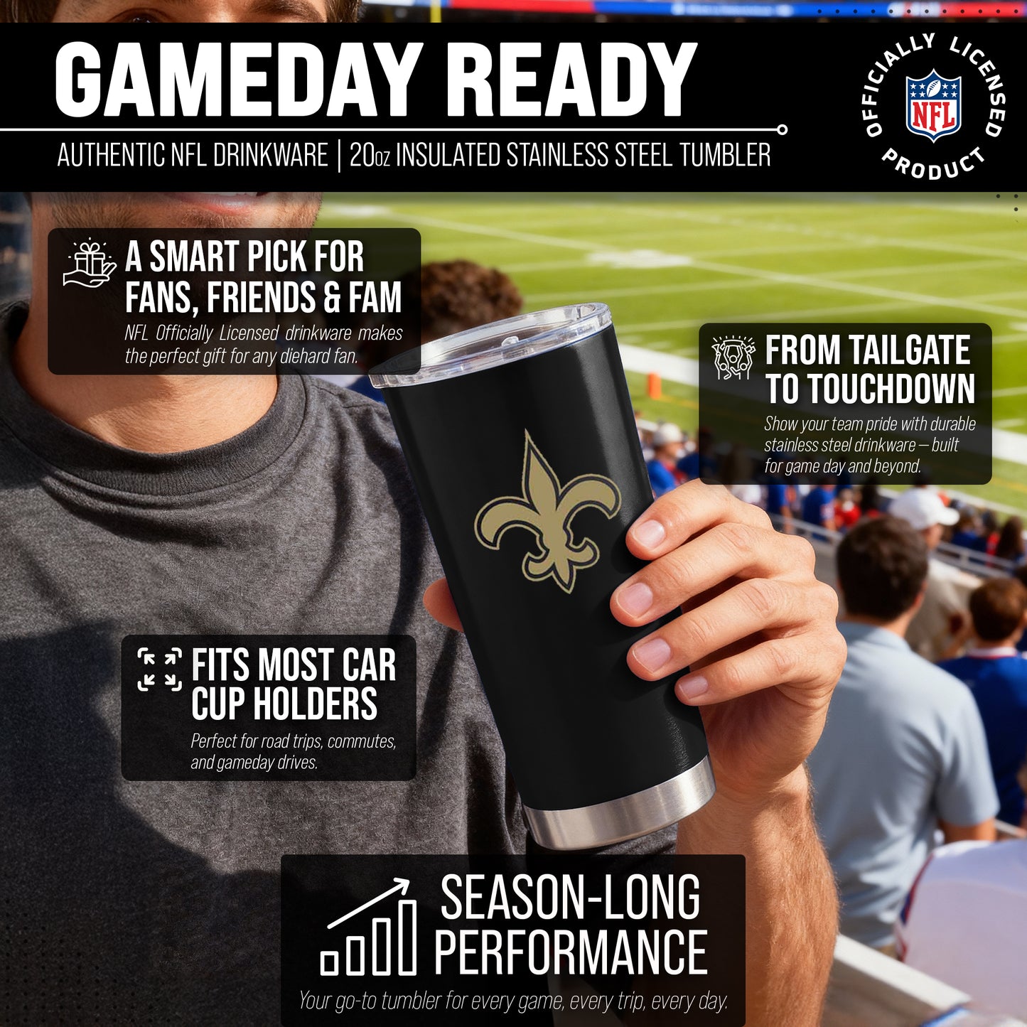 New Orleans Saints NFL 20oz Gameday Stainless Steel Tumbler - Black