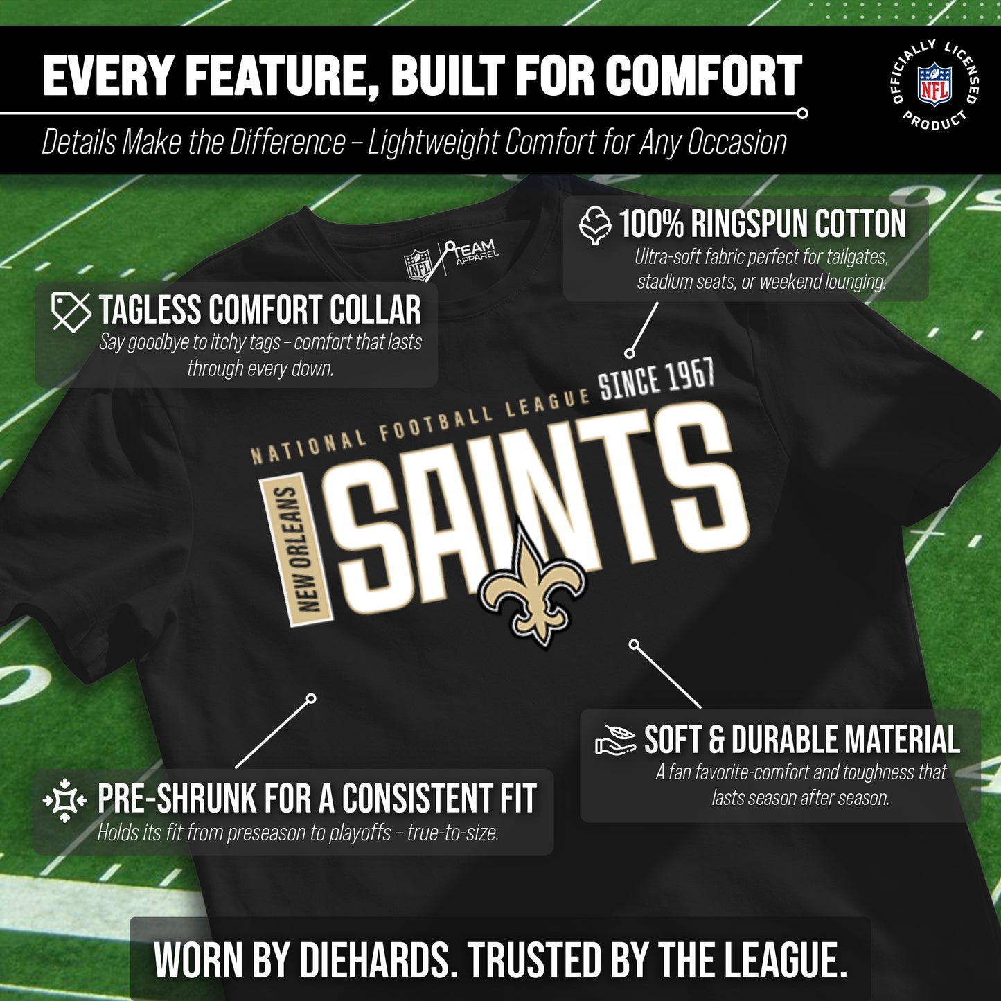 New Orleans Saints NFL Youth Modern Endzone Football T-Shirt Unisex Tag Free Comfortable - Black