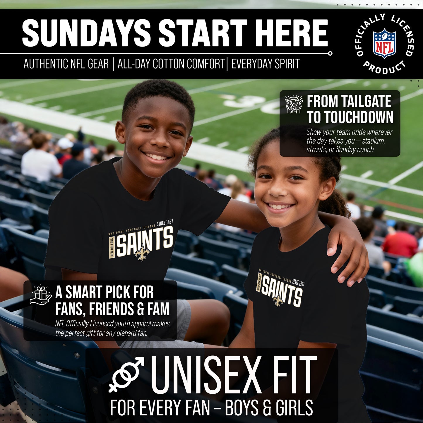New Orleans Saints NFL Youth Modern Endzone Football T-Shirt Unisex Tag Free Comfortable - Black