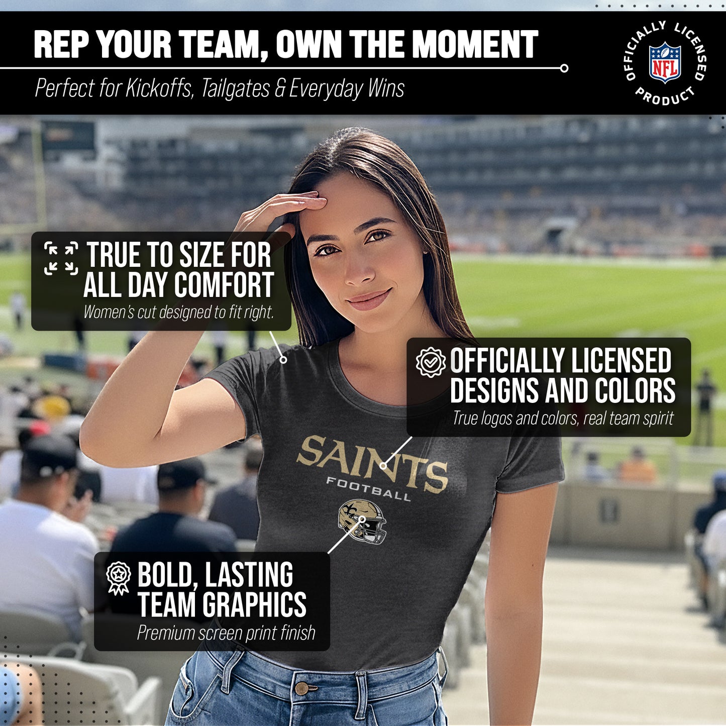 New Orleans Saints Women's NFL Football Helmet Short Sleeve Tagless T-Shirt - Charcoal