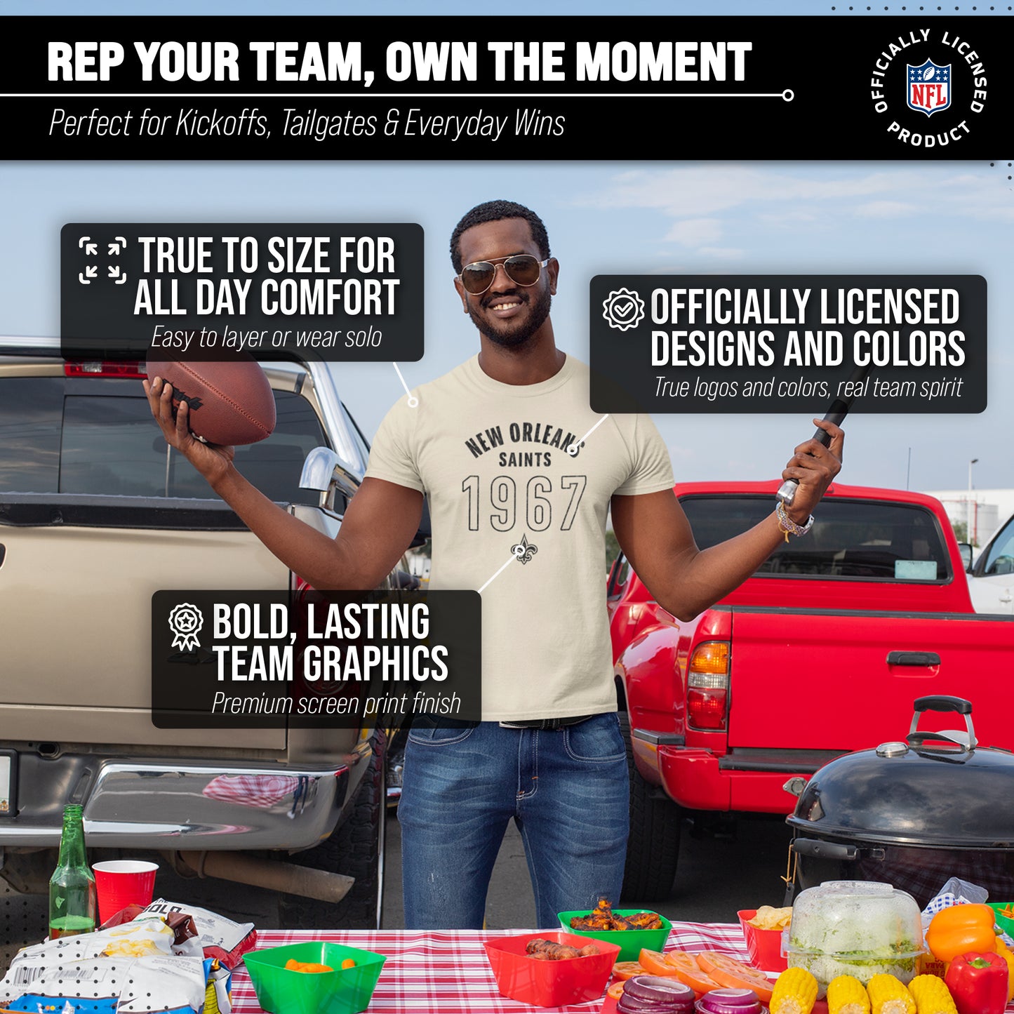 New Orleans Saints NFL Adult Big Date Tag-Less T-Shirt - Natural