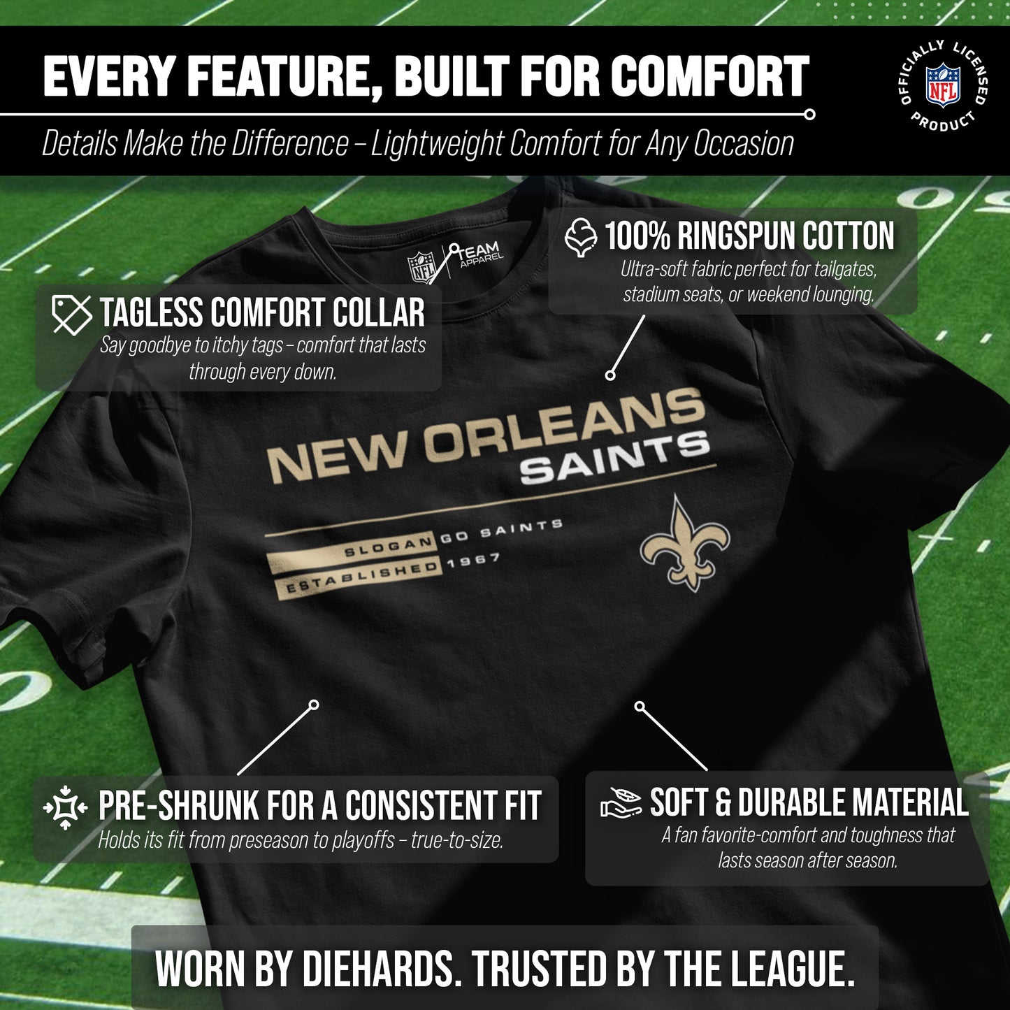 New Orleans Saints Adult NFL Speed Stat Sheet T-Shirt - Black