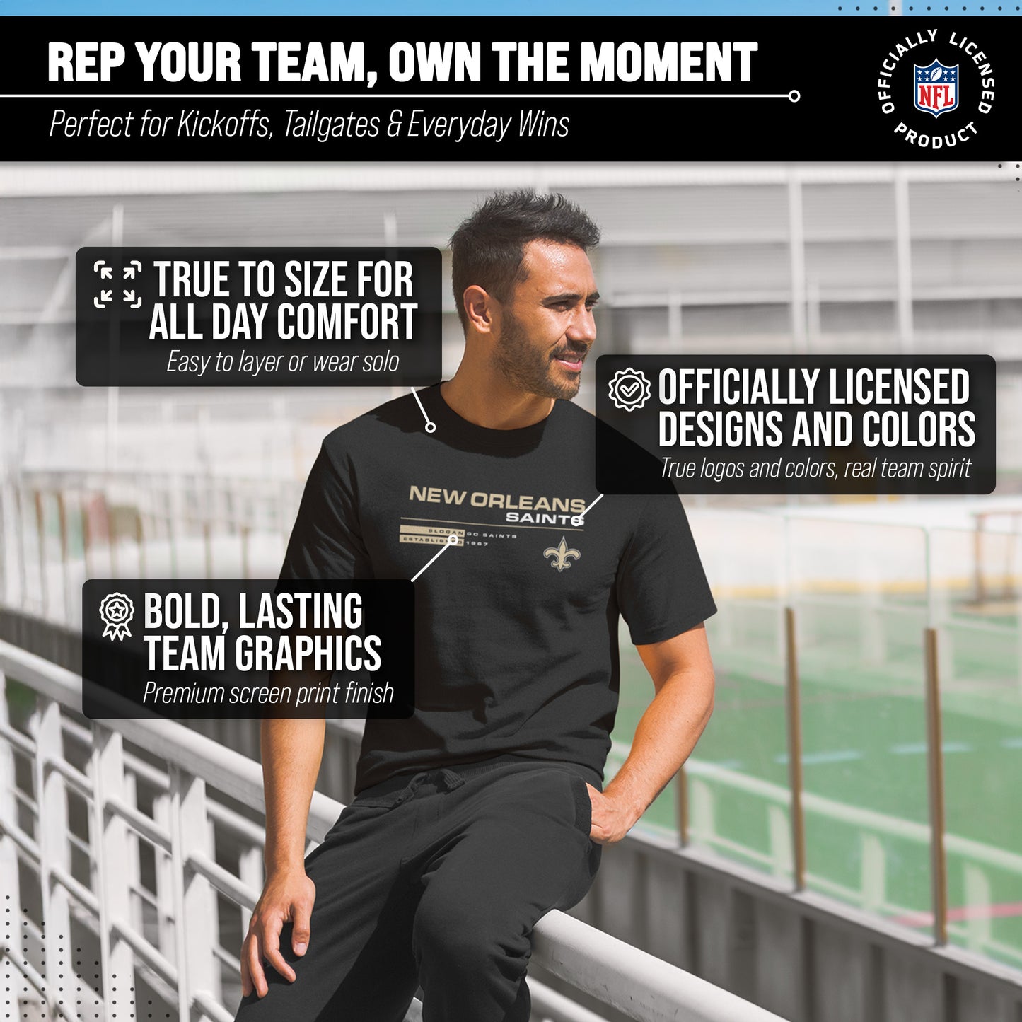 New Orleans Saints Adult NFL Speed Stat Sheet T-Shirt - Black