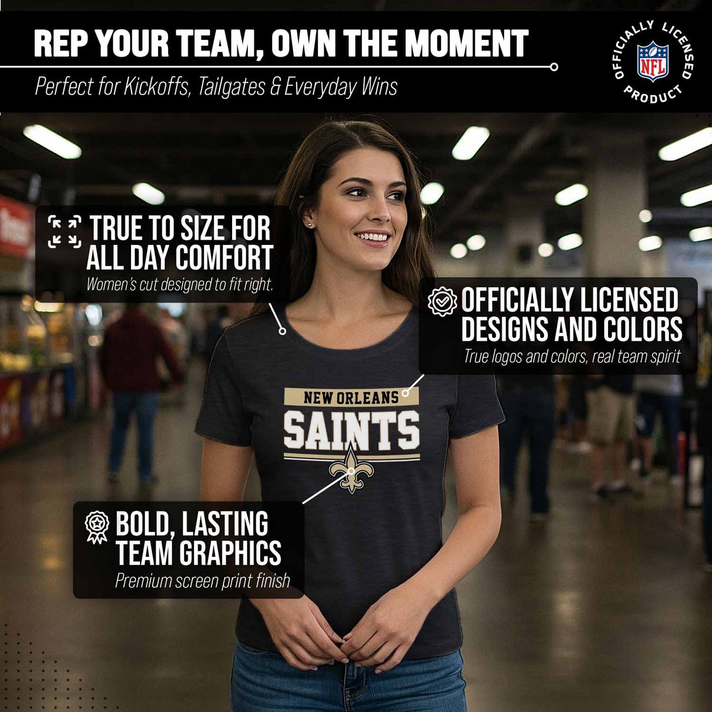 New Orleans Saints NFL Women's Team Block Charcoal Tagless T-Shirt - Charcoal