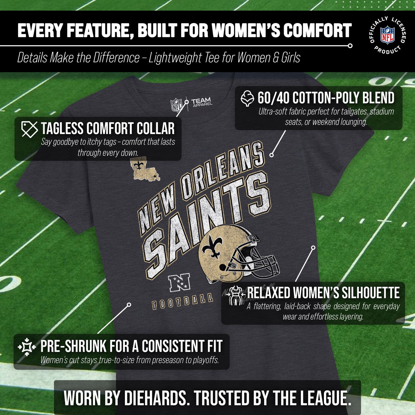 New Orleans Saints NFL Womens Distressed Helmet Tag-Less Soft T-Shirt - Heather Charcoal