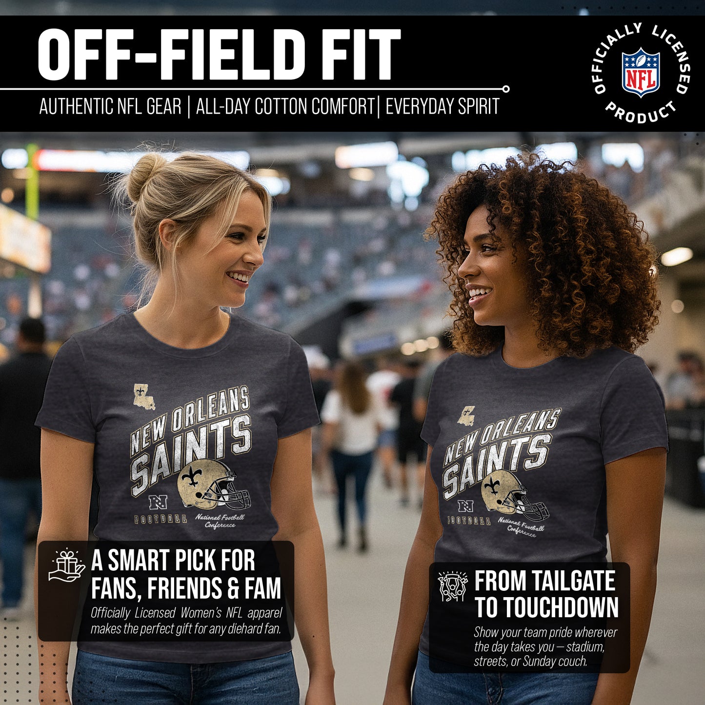 New Orleans Saints NFL Womens Distressed Helmet Tag-Less Soft T-Shirt - Heather Charcoal