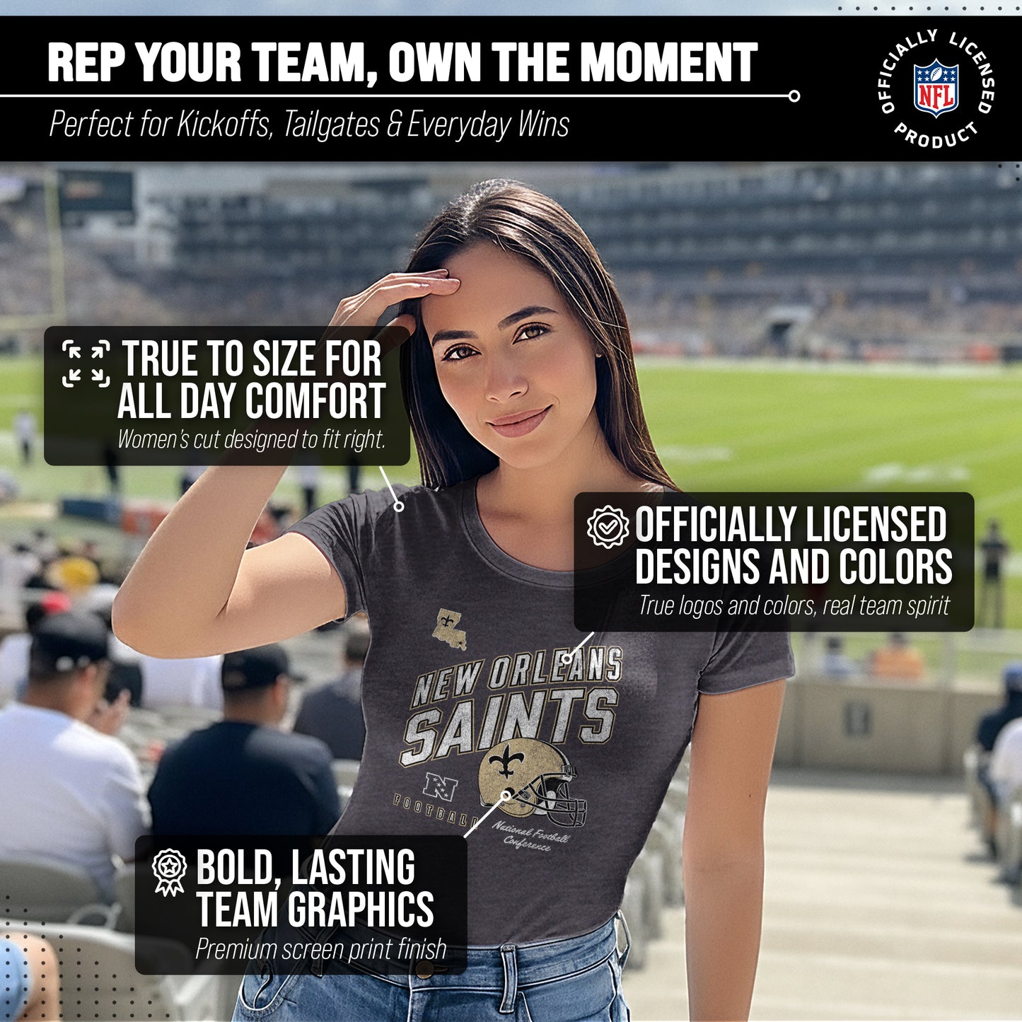 New Orleans Saints NFL Womens Distressed Helmet Tag-Less Soft T-Shirt - Heather Charcoal