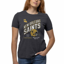 New Orleans Saints NFL Womens Distressed Helmet Tag-Less Soft T-Shirt - Heather Charcoal