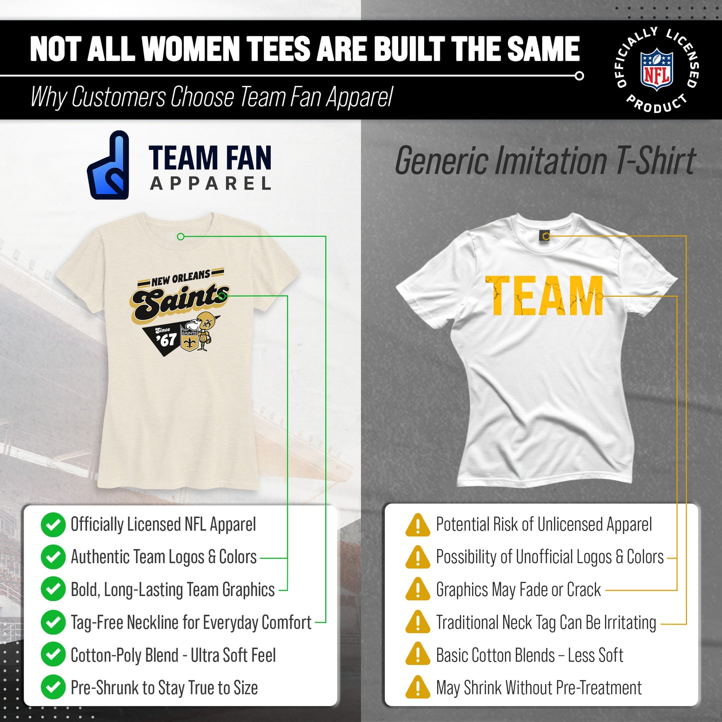 New Orleans Saints NFL Womens Vintage Charm Tag-Less Soft T-Shirt - Birch