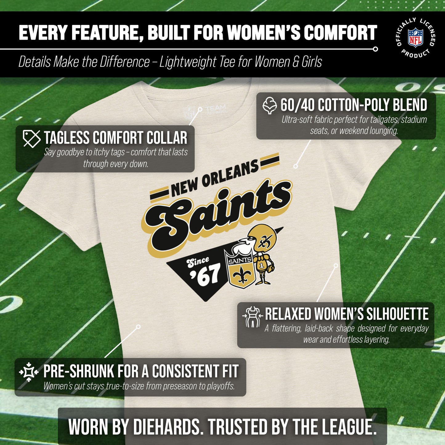 New Orleans Saints NFL Womens Vintage Charm Tag-Less Soft T-Shirt - Birch