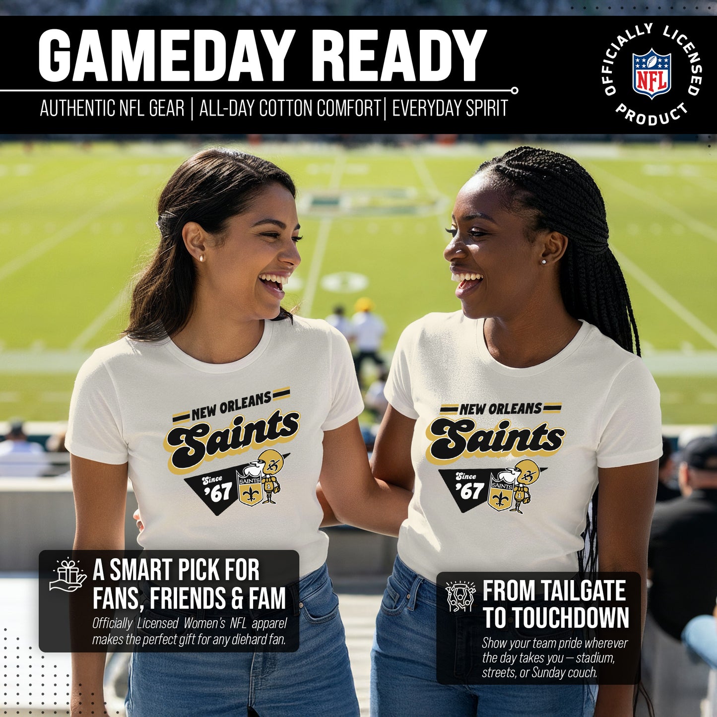 New Orleans Saints NFL Womens Vintage Charm Tag-Less Soft T-Shirt - Birch