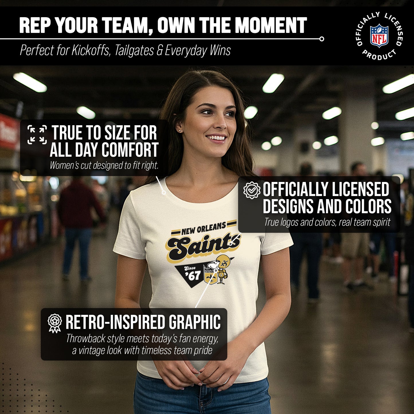 New Orleans Saints NFL Womens Vintage Charm Tag-Less Soft T-Shirt - Birch