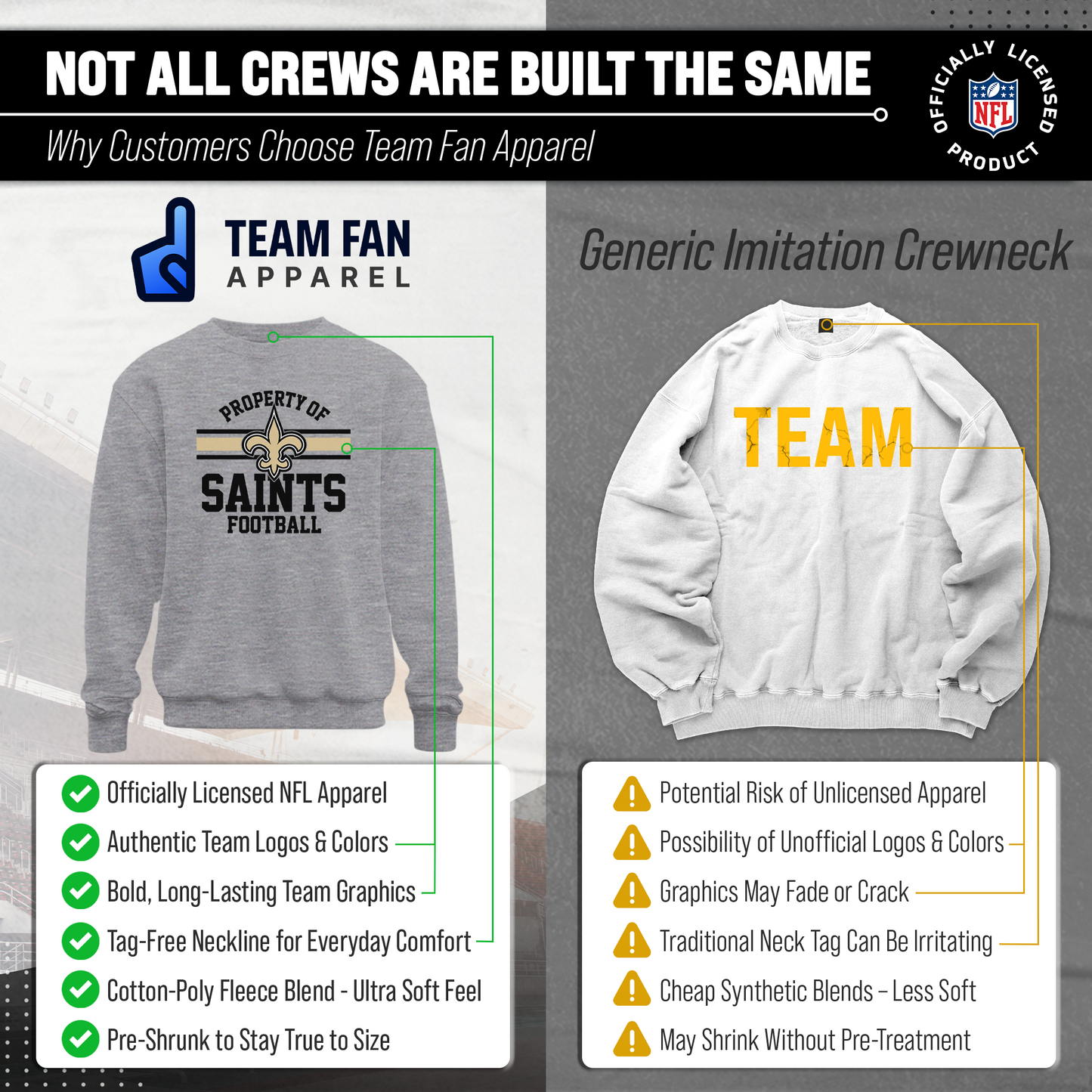 New Orleans Saints NFL Adult Property Of Crewneck Fleece Sweatshirt - Sport Gray