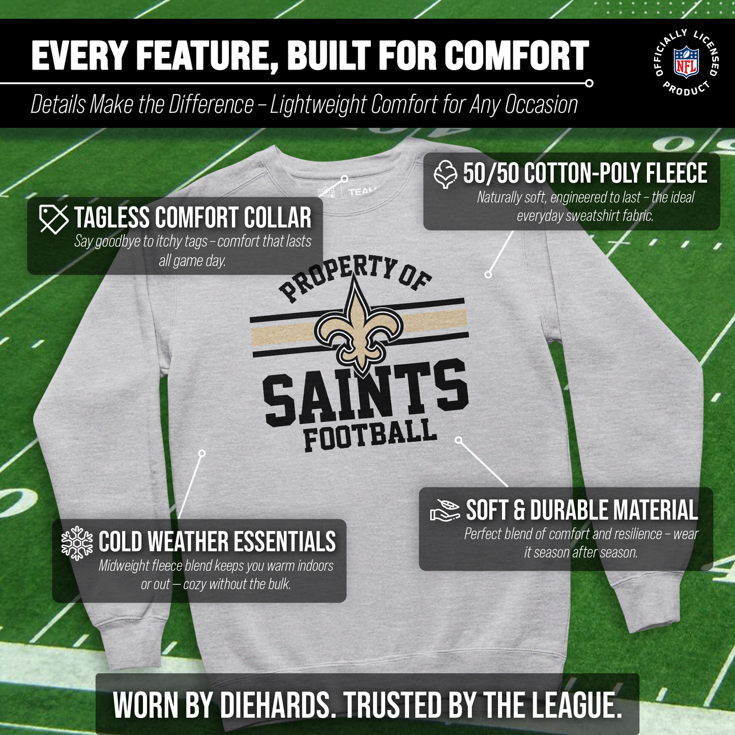 New Orleans Saints NFL Adult Property Of Crewneck Fleece Sweatshirt - Sport Gray